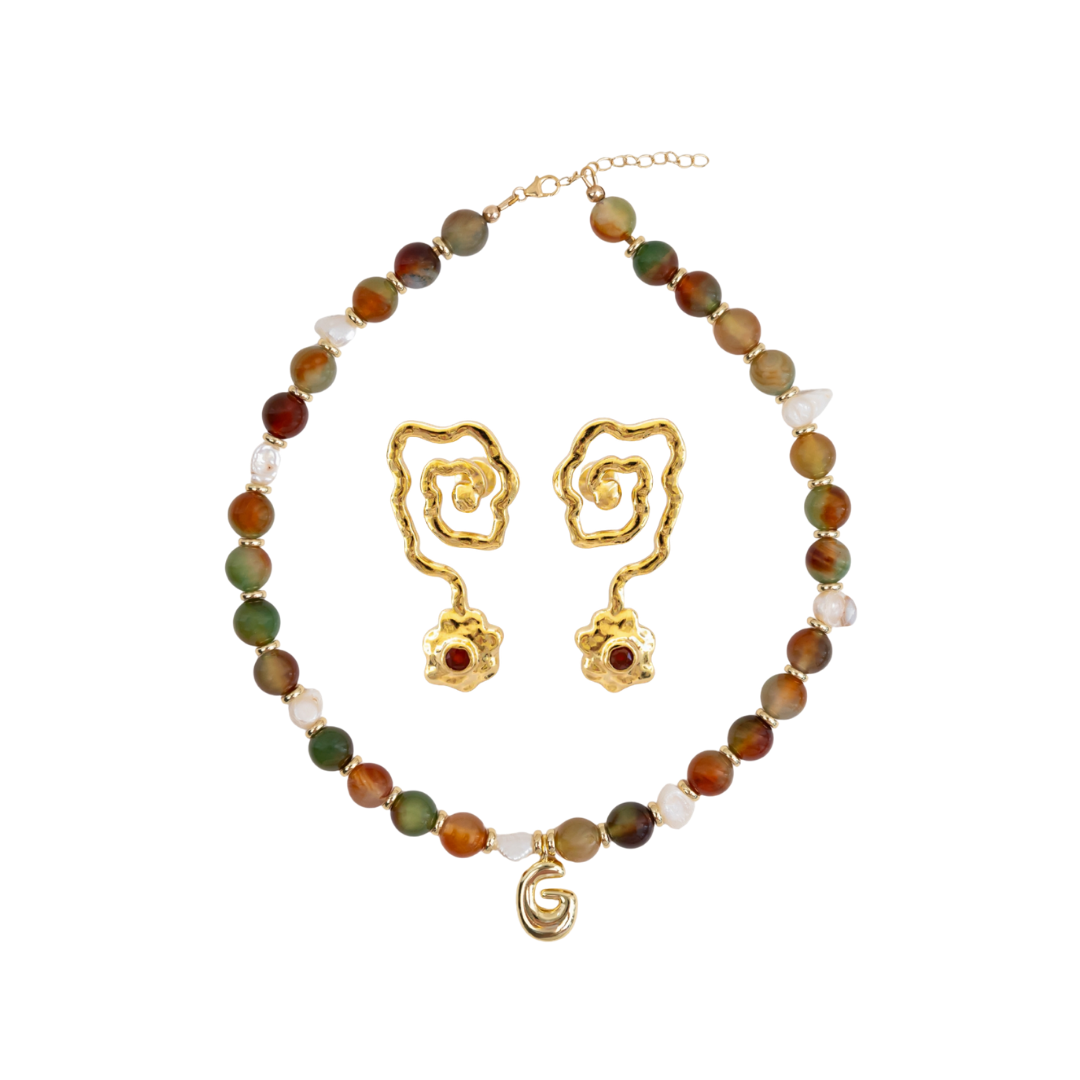 Hali Initial Necklace and Swirl Earrings Bundle